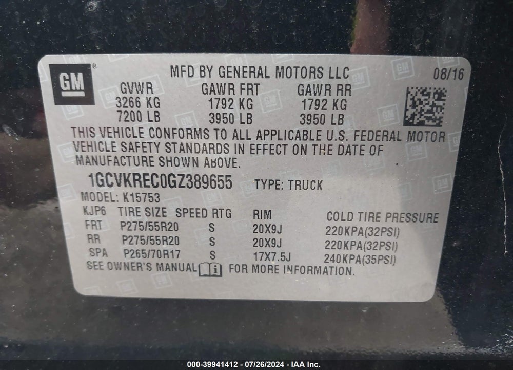 2016 CHEVROLET SILVERADO 1500 2LT VIN: 1GCVKREC0GZ389655
