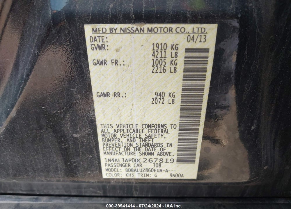 2013 NISSAN ALTIMA 2.5 SV VIN: 1N4AL3AP0DC267819
