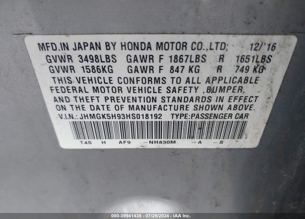 2017 HONDA FIT VIN: JHMGK5H93HS018192