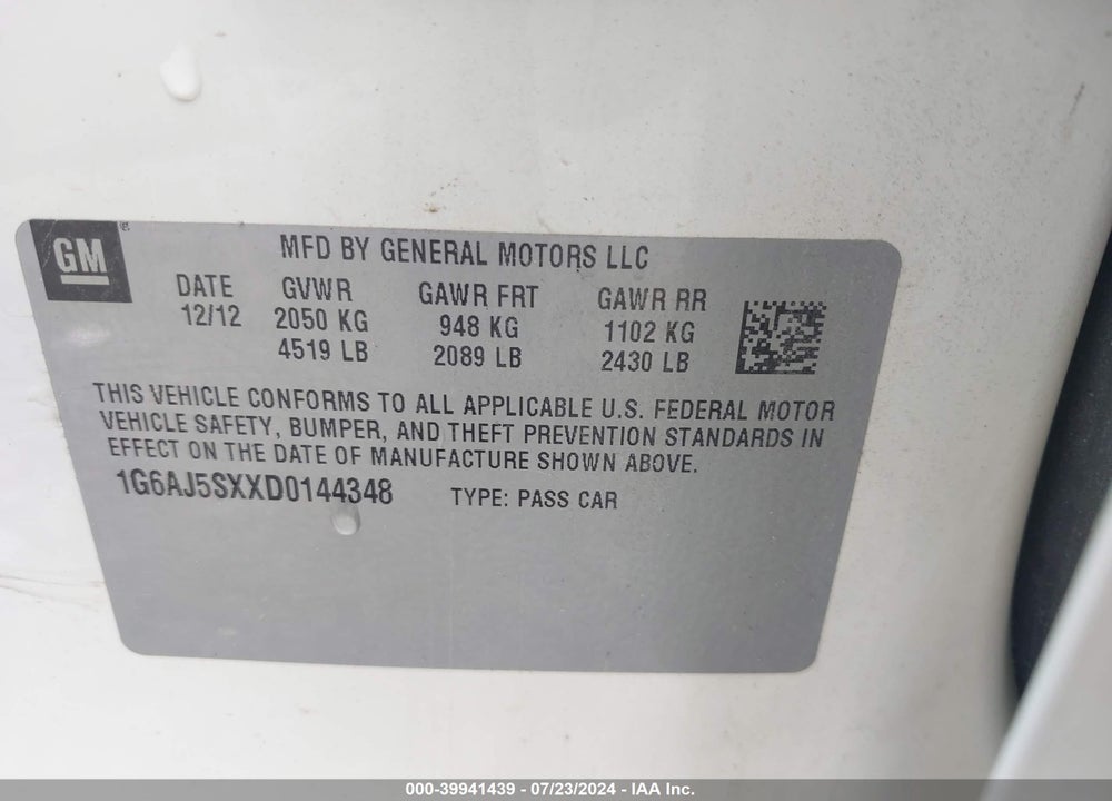 2013 CADILLAC ATS PERFORMANCE VIN: 1G6AJ5SXXD0144348