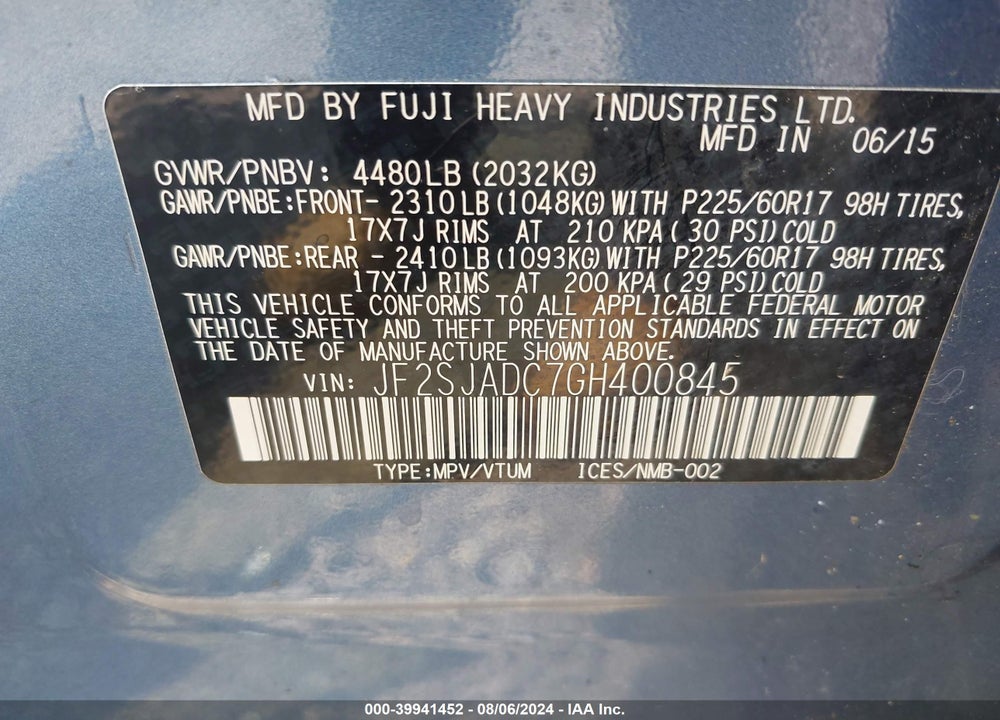 2016 SUBARU FORESTER 2.5I PREMIUM VIN: JF2SJADC7GH400845