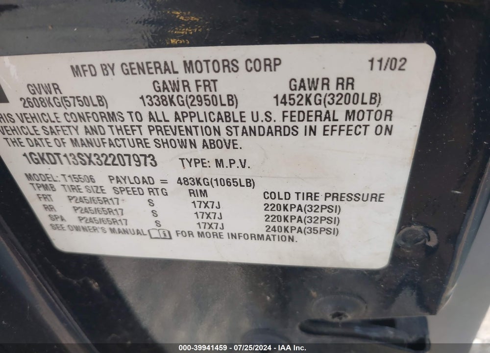 2003 GMC ENVOY SLT VIN: 1GKDT13SX32207973