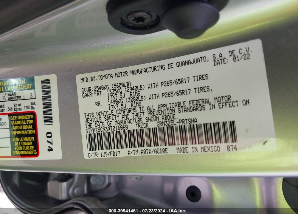 2022 TOYOTA TACOMA TRD SPORT VIN: 3TYAZ5CN3NT016068