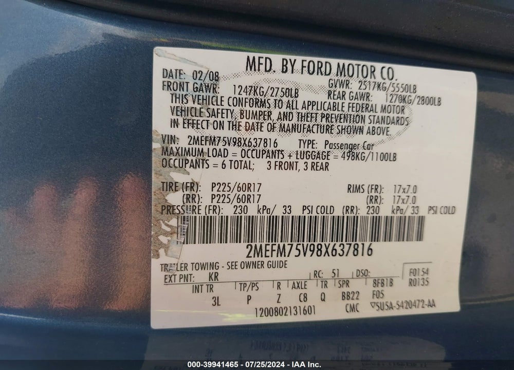 2008 MERCURY GRAND MARQUIS LS VIN: 2MEFM75V98X637816