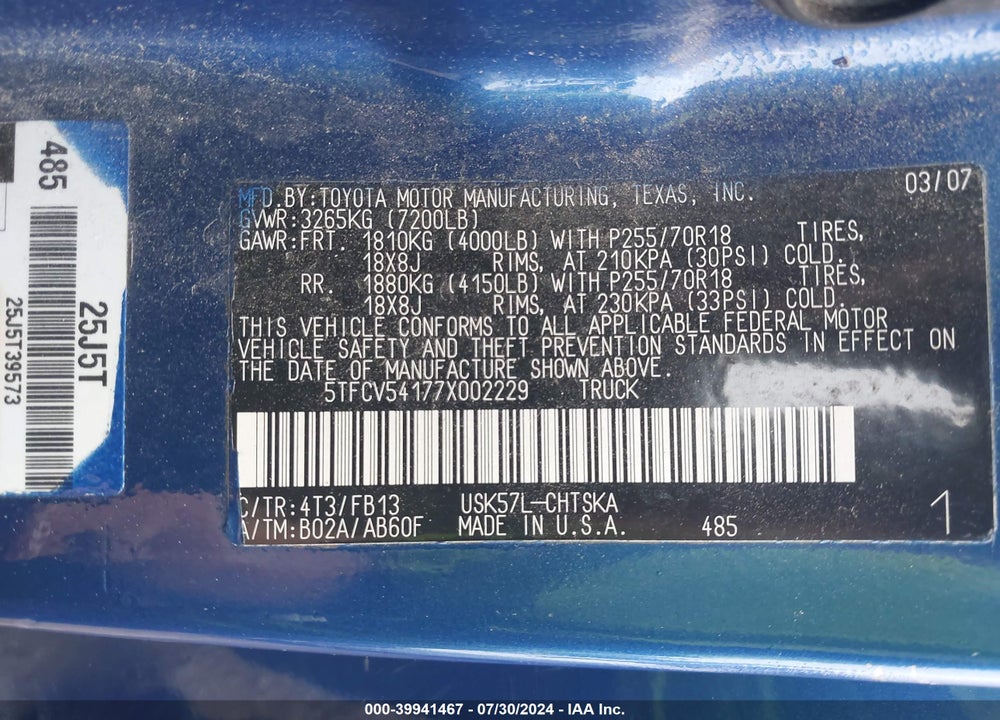 2007 TOYOTA TUNDRA SR5 5.7L V8 VIN: 5TFCV54177X002229