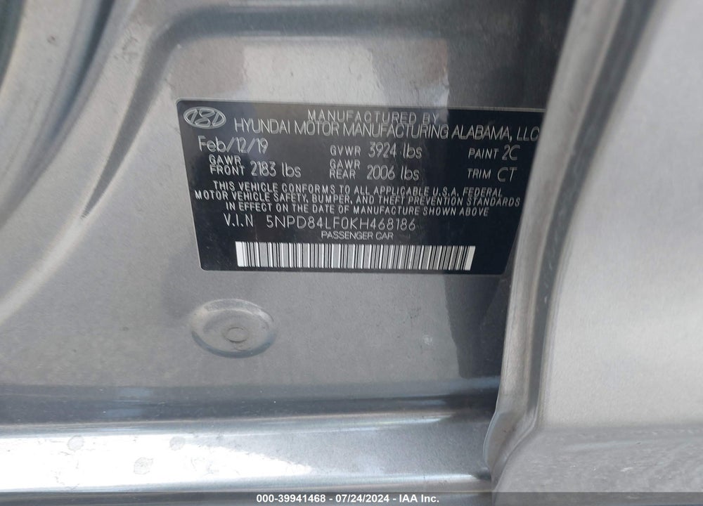 2019 HYUNDAI ELANTRA SEL VIN: 5NPD84LF0KH468186