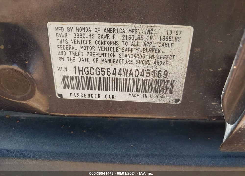 1998 HONDA ACCORD LX VIN: 1HGCG5644WA045169