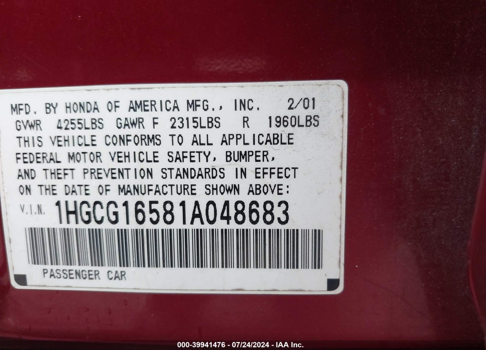 2001 HONDA ACCORD 3.0 EX VIN: 1HGCG16581A048683