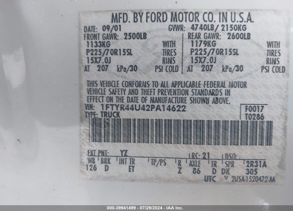 2002 FORD RANGER EDGE/TREMOR/XLT VIN: 1FTYR44U42PA14622