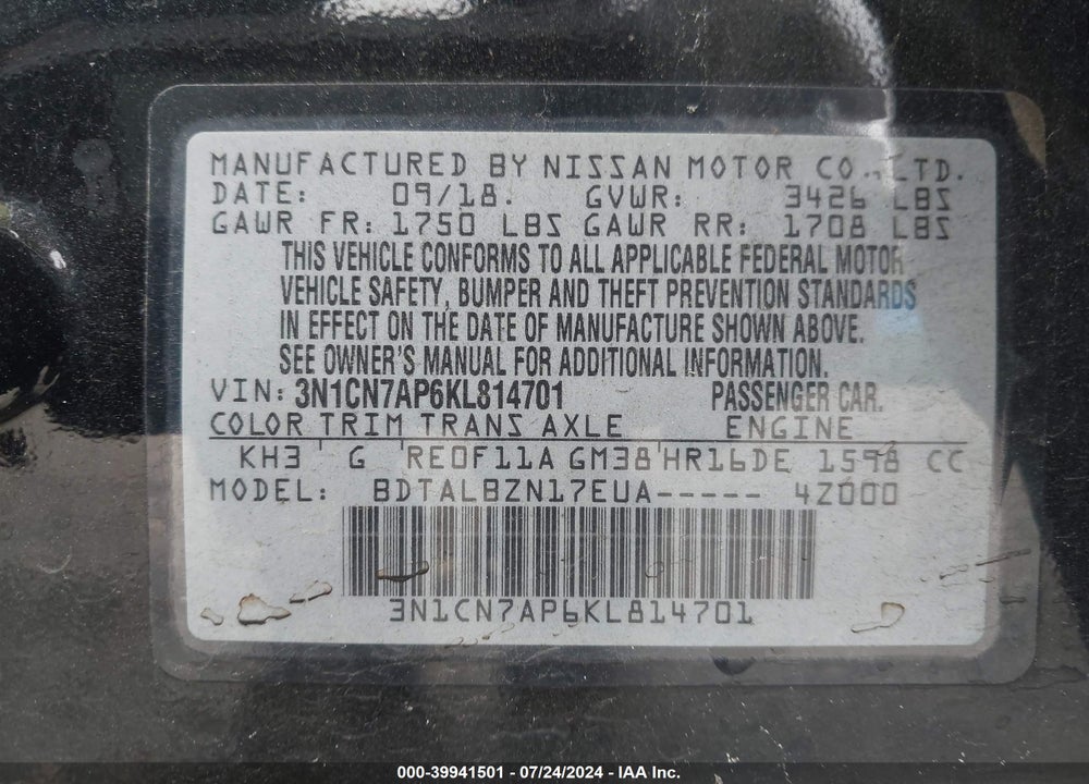 2019 NISSAN VERSA 1.6 SV VIN: 3N1CN7AP6KL814701