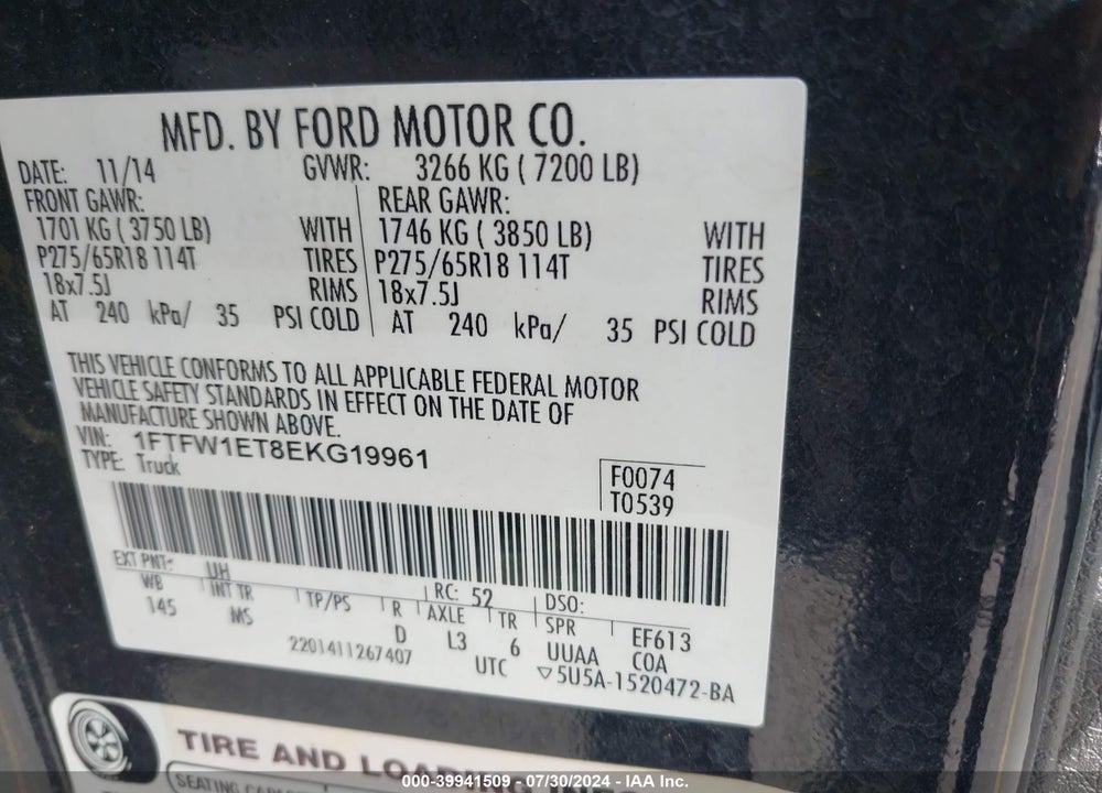 2014 FORD F-150 XLT VIN: 1FTFW1ET8EKG19961