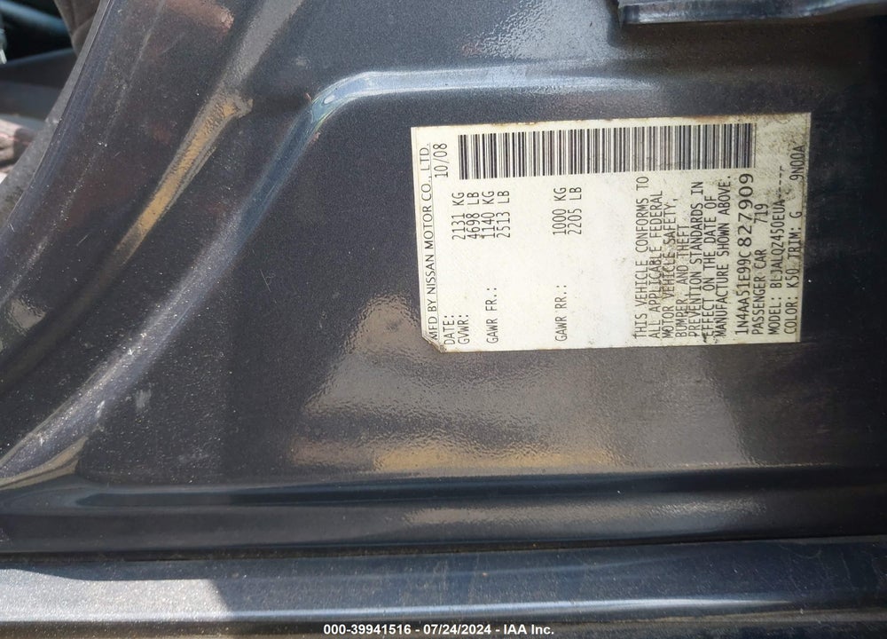 2009 NISSAN MAXIMA 3.5 S VIN: 1N4AA51E99C827909