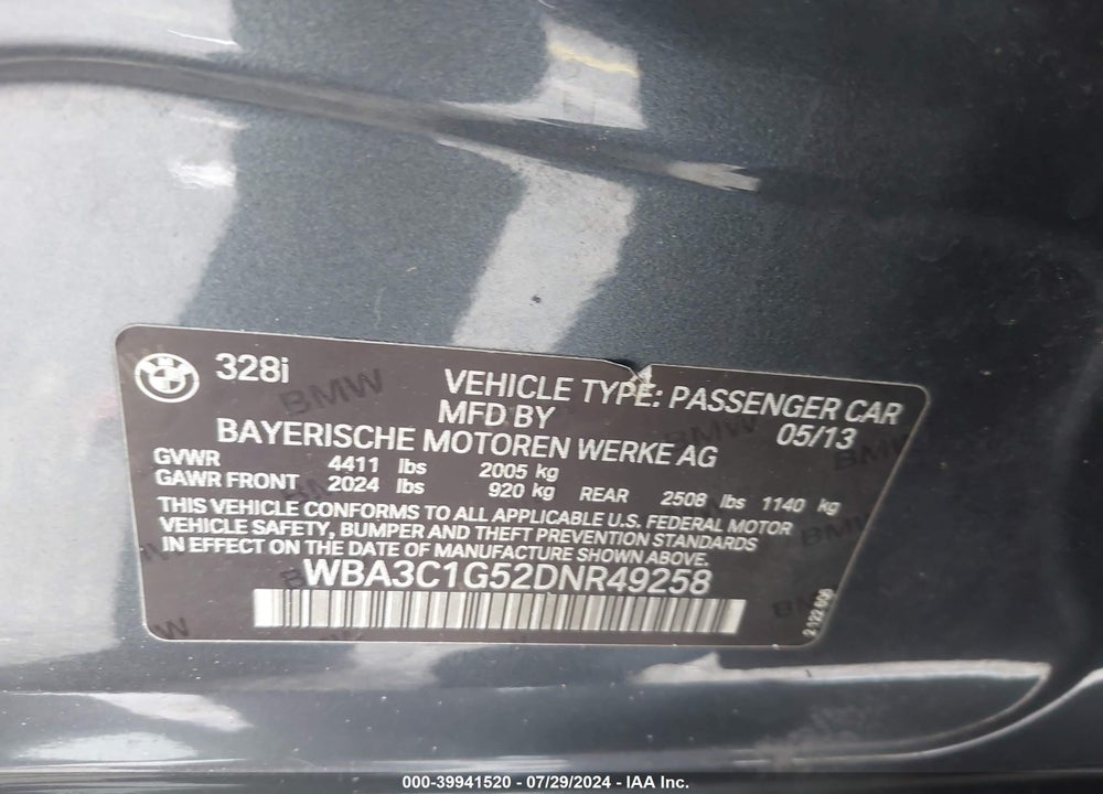 2013 BMW 328I VIN: WBA3C1G52DNR49258