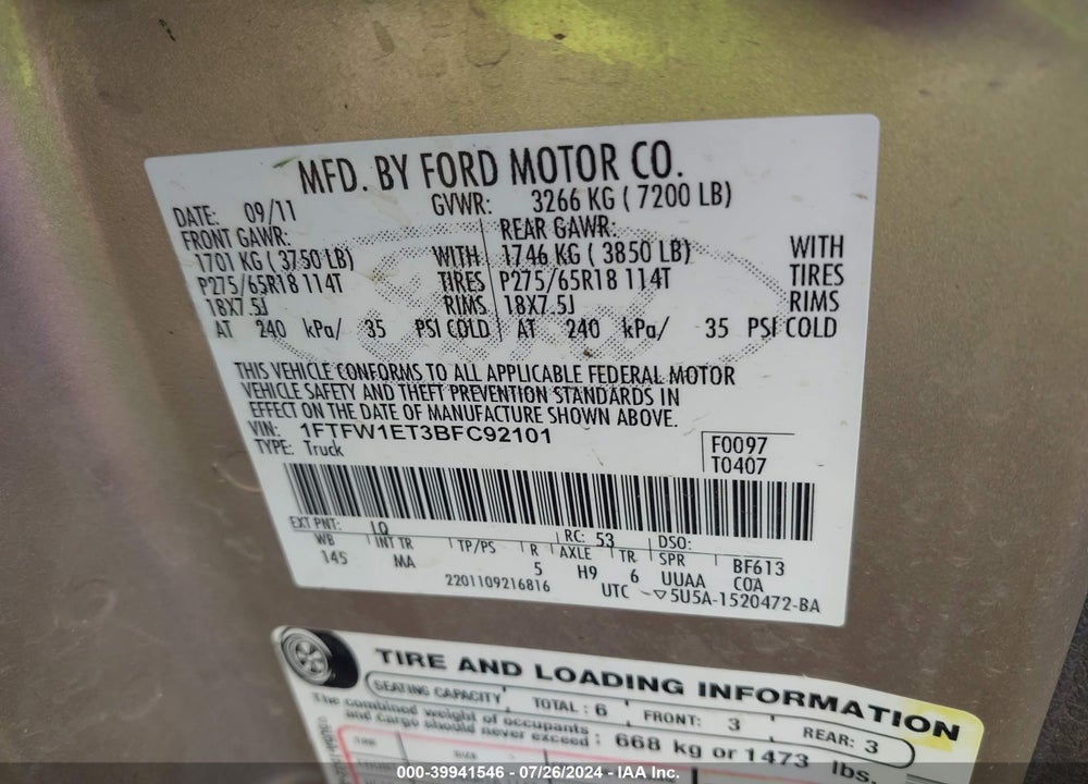 2011 FORD F-150 XLT VIN: 1FTFW1ET3BFC92101