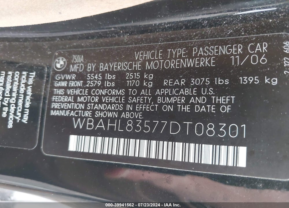 2007 BMW 750I VIN: WBAHL83577DT08301