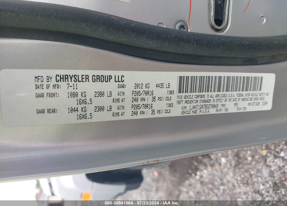 2011 JEEP PATRIOT VIN: 1J4NT1GA7BD270849