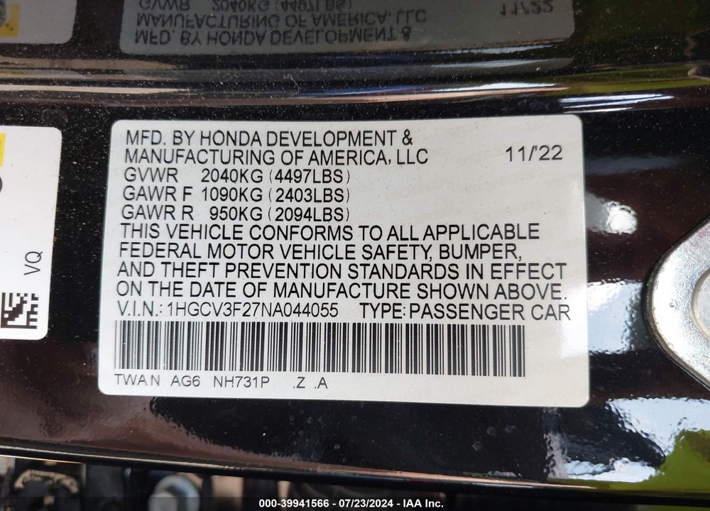 2022 HONDA ACCORD HYBRID SPORT VIN: 1HGCV3F27NA044055