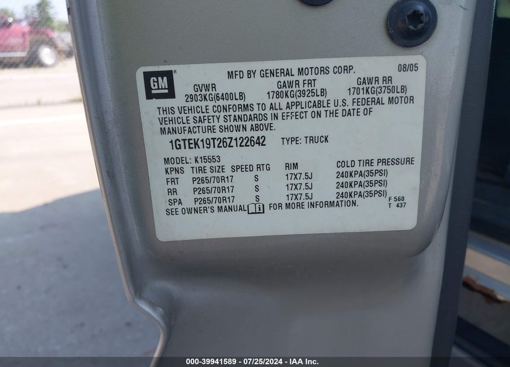 2006 GMC SIERRA 1500 SLE2 VIN: 1GTEK19T26Z122642