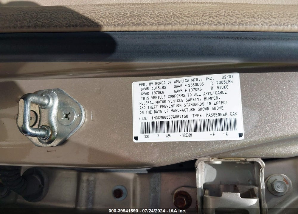 2007 HONDA ACCORD 3.0 EX VIN: 1HGCM66567A062158
