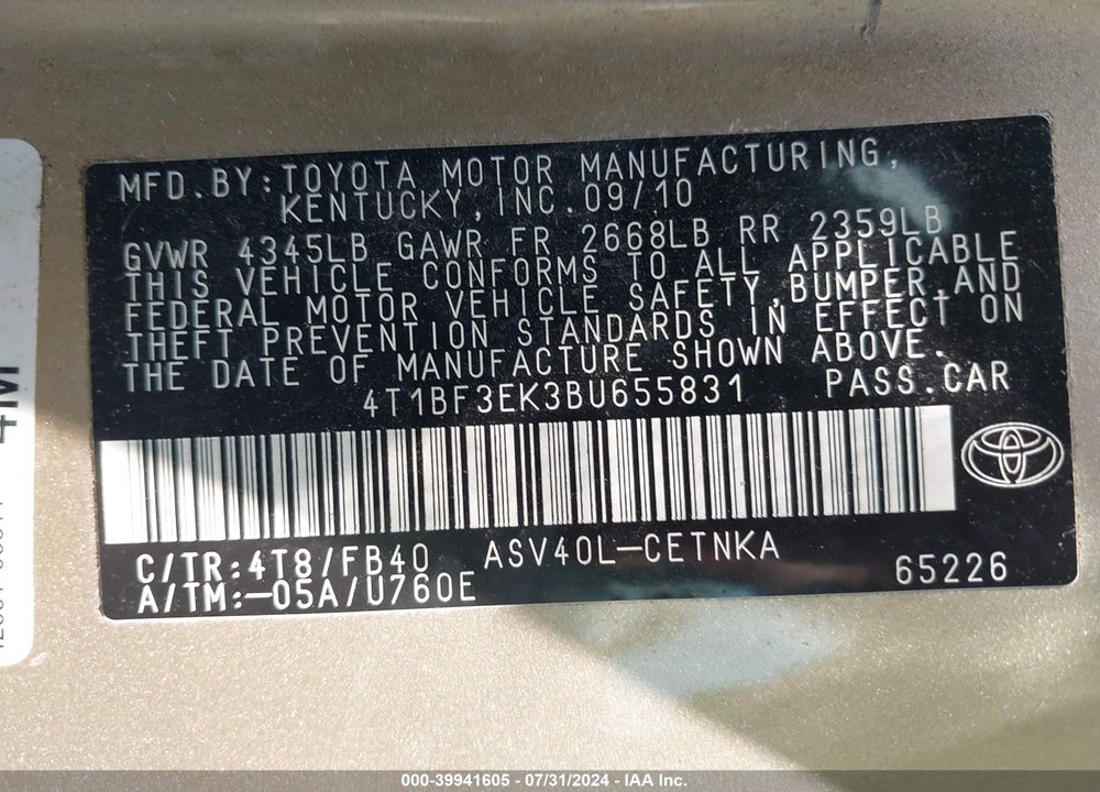 2011 TOYOTA CAMRY LE VIN: 4T1BF3EK3BU655831