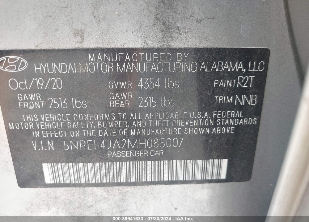 2021 HYUNDAI SONATA SEL VIN: 5NPEL4JA2MH085007