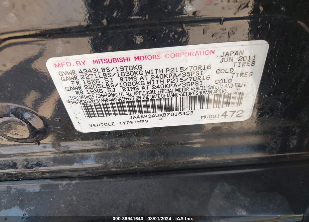 2011 MITSUBISHI OUTLANDER SPORT ES VIN: JA4AP3AUXBZ018453