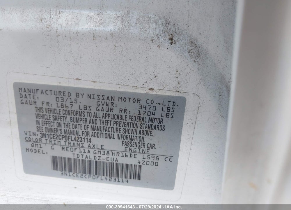 2015 NISSAN VERSA NOTE SV VIN: 3N1CE2CP0FL423114