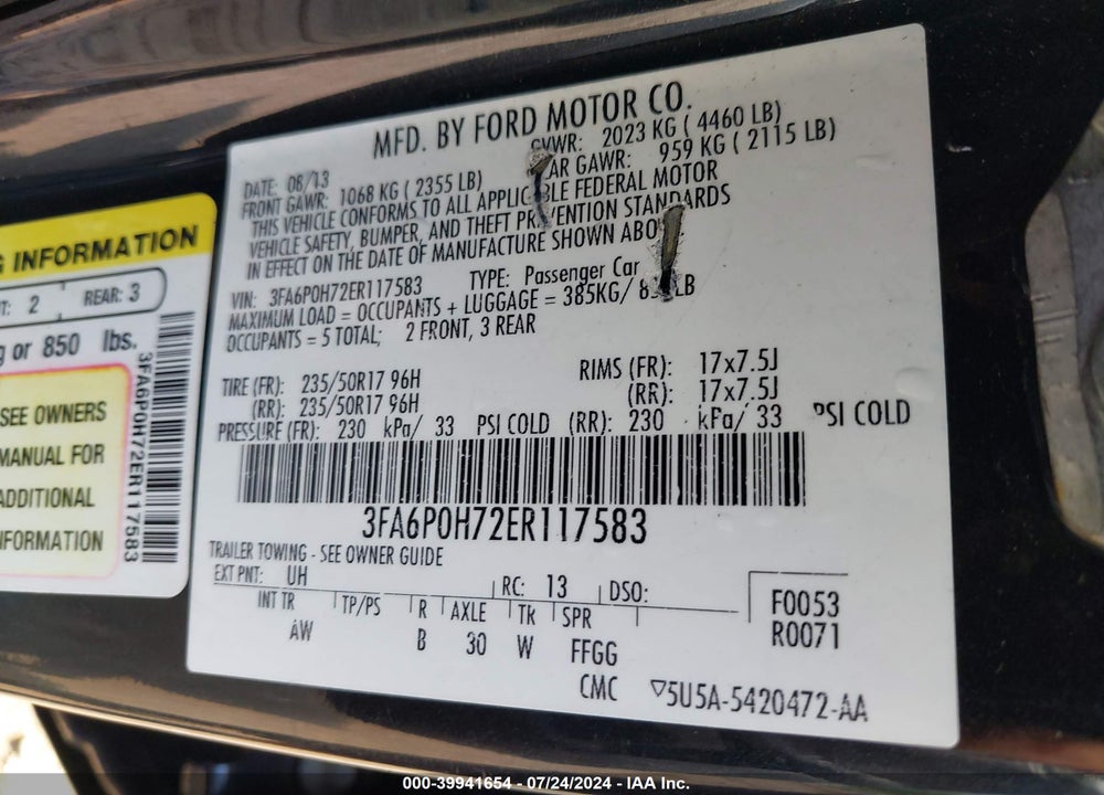 2014 FORD FUSION SE VIN: 3FA6P0H72ER117583