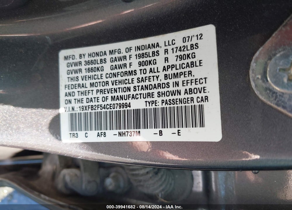 2012 HONDA CIVIC VIN: 19XFB2F54CE079994