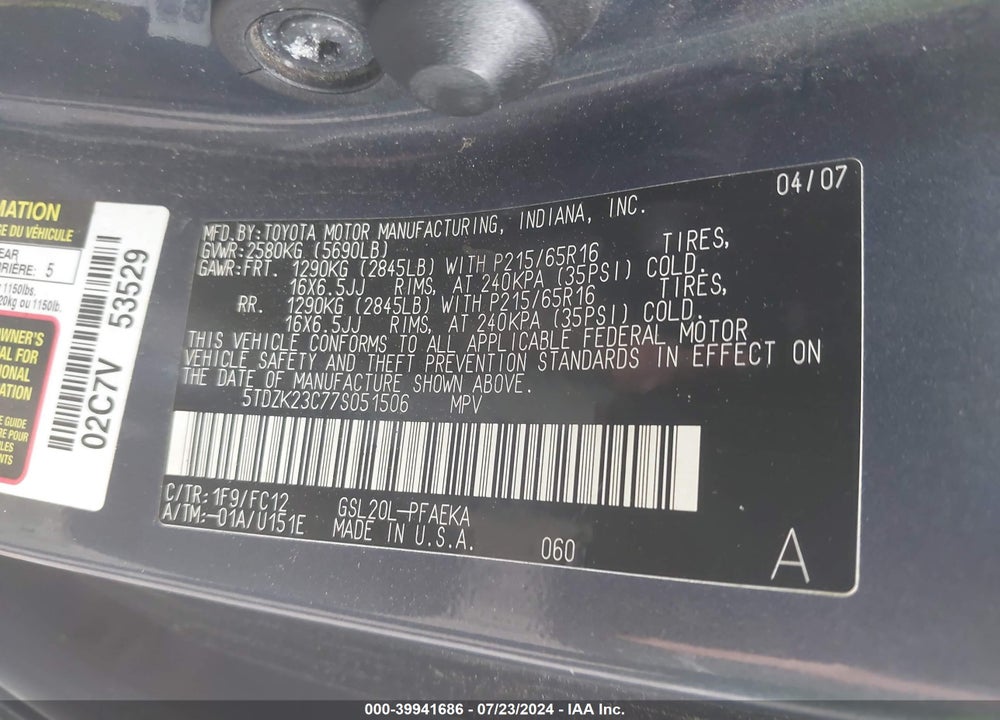 2007 TOYOTA SIENNA LE VIN: 5TDZK23C77S051506