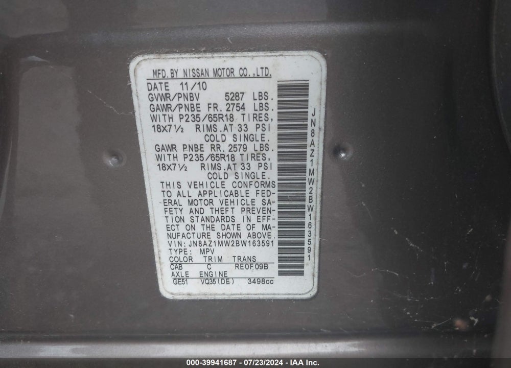 2011 NISSAN MURANO S VIN: JN8AZ1MW2BW163591