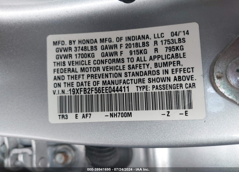 2014 HONDA CIVIC LX VIN: 19XFB2F56EE044411