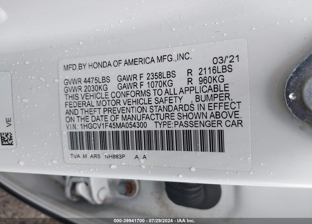 2021 HONDA ACCORD SPORT SPECIAL EDITION VIN: 1HGCV1F45MA054300