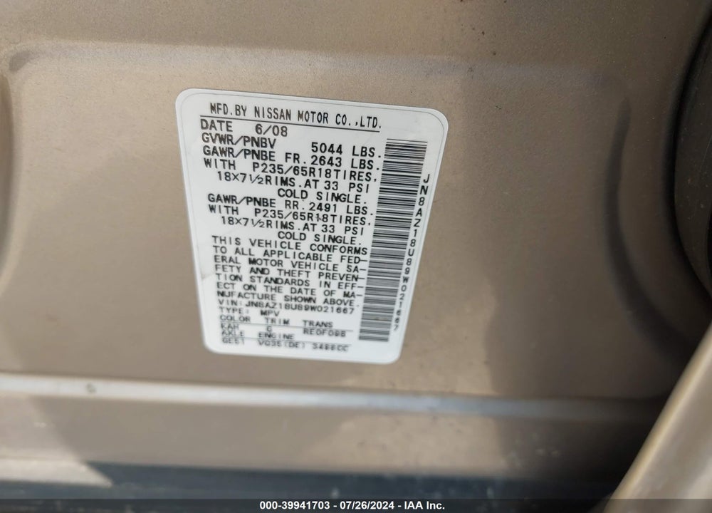 2009 NISSAN MURANO SL VIN: JN8AZ18U89W021667