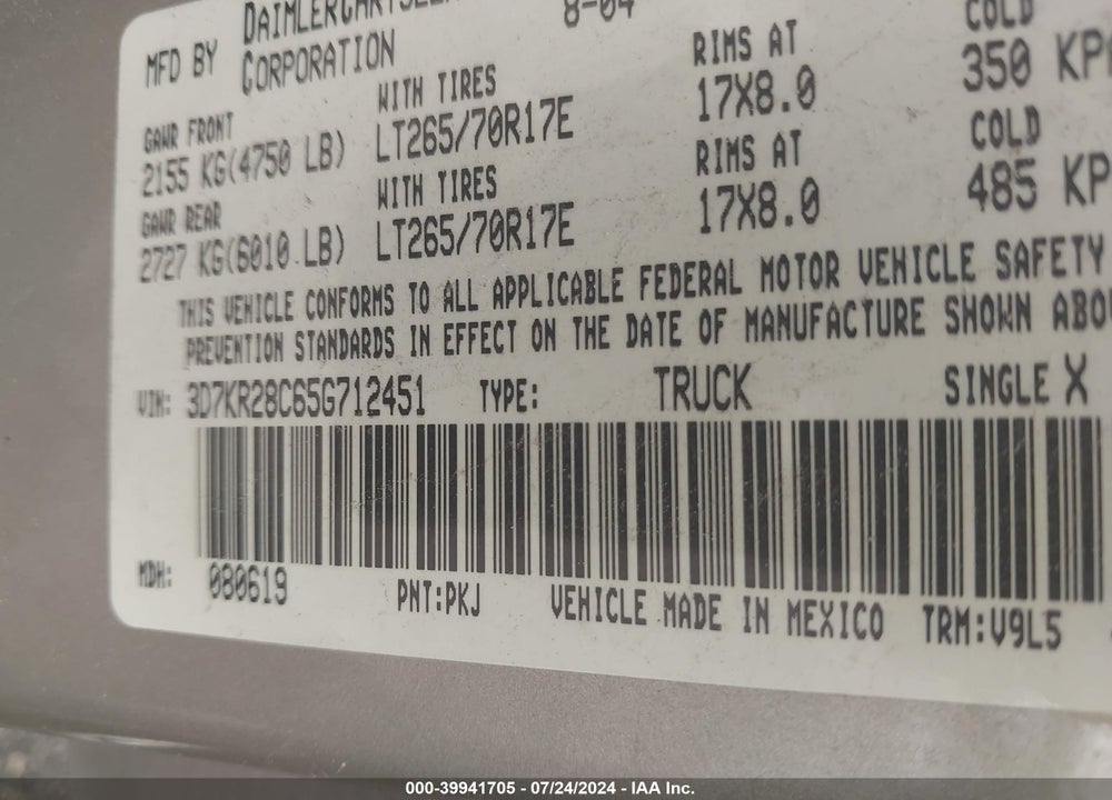 2005 DODGE RAM 2500 SLT/LARAMIE VIN: 3D7KR28C65G712451