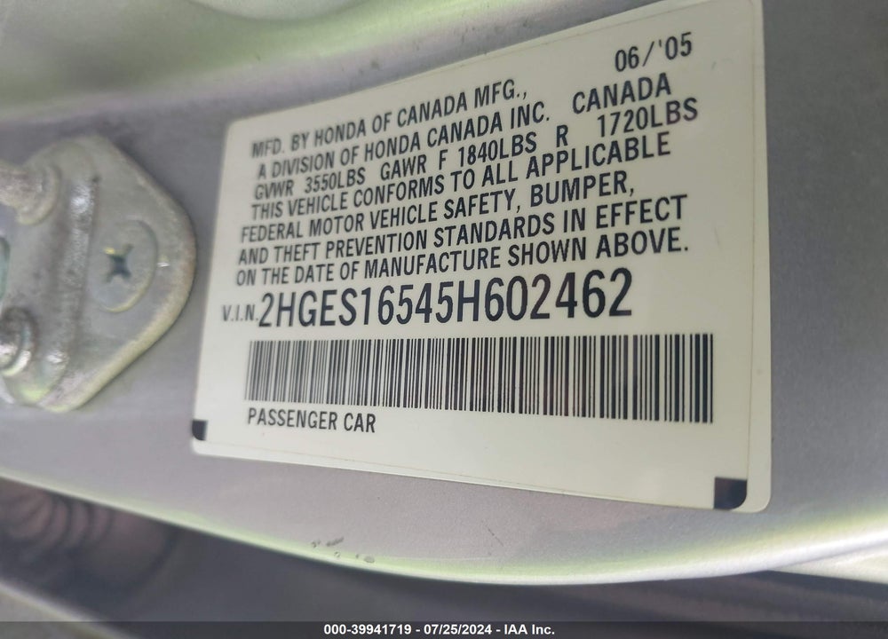 2005 HONDA CIVIC LX/LX SE VIN: 2HGES16545H602462