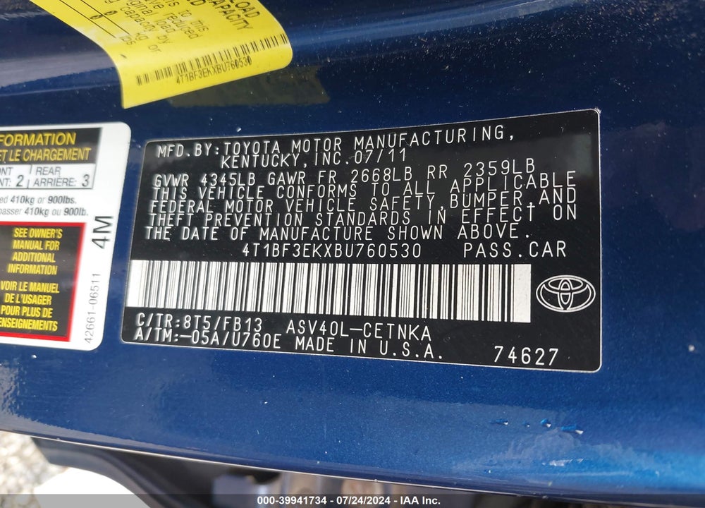 2011 TOYOTA CAMRY LE VIN: 4T1BF3EKXBU760530