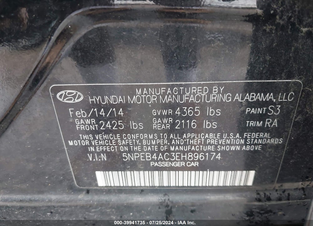 2014 HYUNDAI SONATA GLS VIN: 5NPEB4AC3EH896174