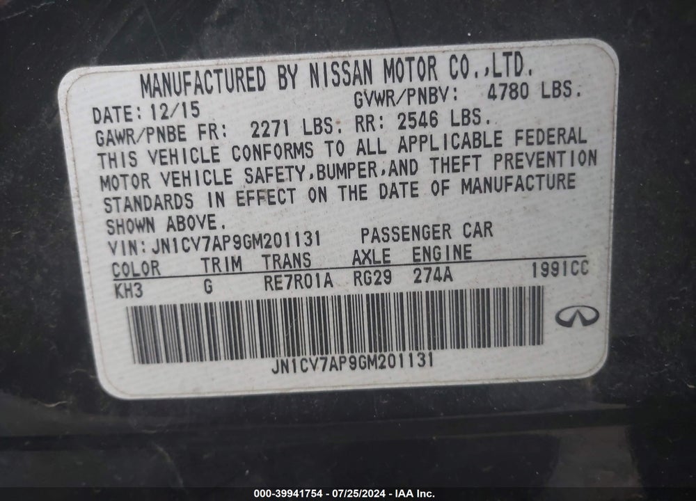 2016 INFINITI Q50 VIN: JN1CV7AP9GM201131