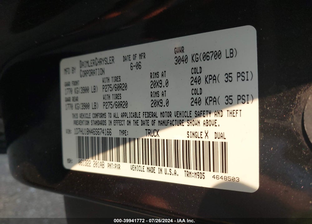 2006 DODGE RAM 1500 SLT/TRX4 OFF ROAD/SPORT VIN: 1D7HU18N46S674166