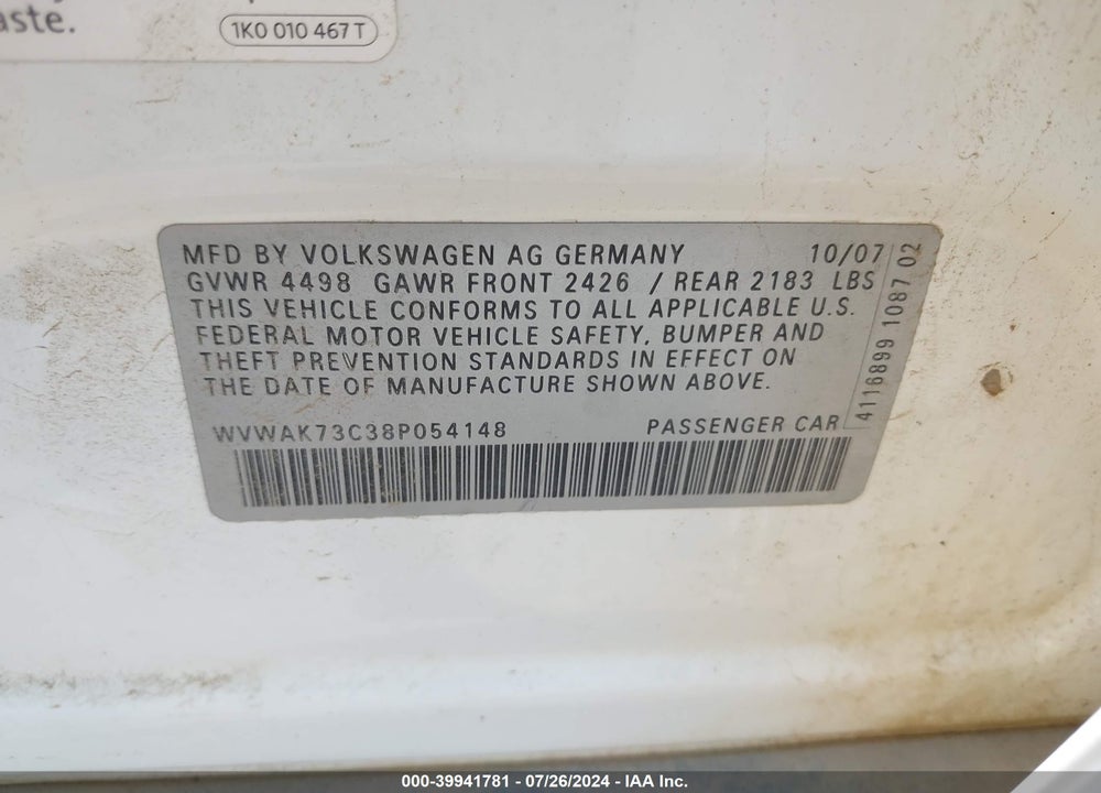 2008 VOLKSWAGEN PASSAT KOMFORT VIN: WVWAK73C38P054148