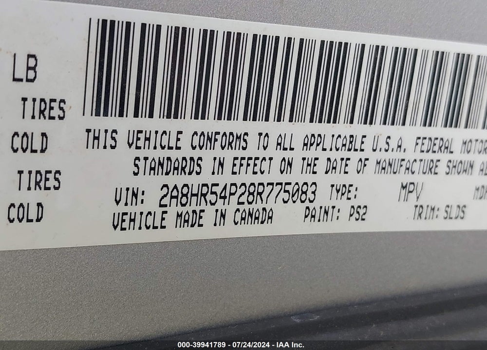 2008 CHRYSLER TOWN & COUNTRY TOURING VIN: 2A8HR54P28R775083