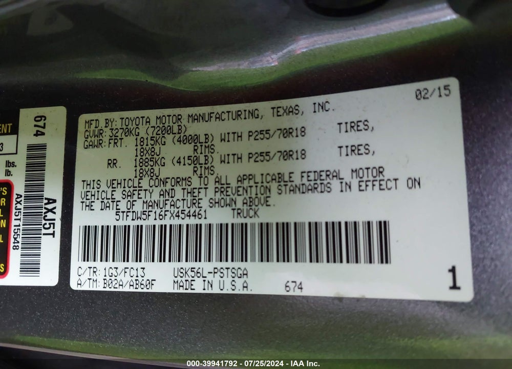 2015 TOYOTA TUNDRA SR5 5.7L V8 VIN: 5TFDW5F16FX454461