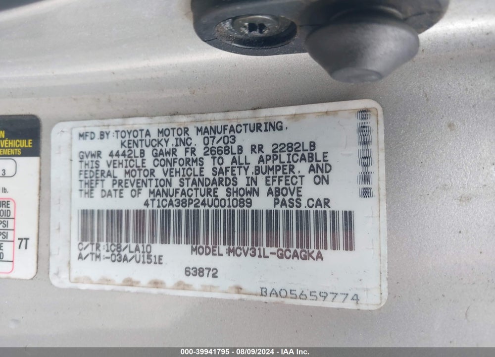 2004 TOYOTA CAMRY SOLARA SLE V6 VIN: 4T1CA38P24U001089