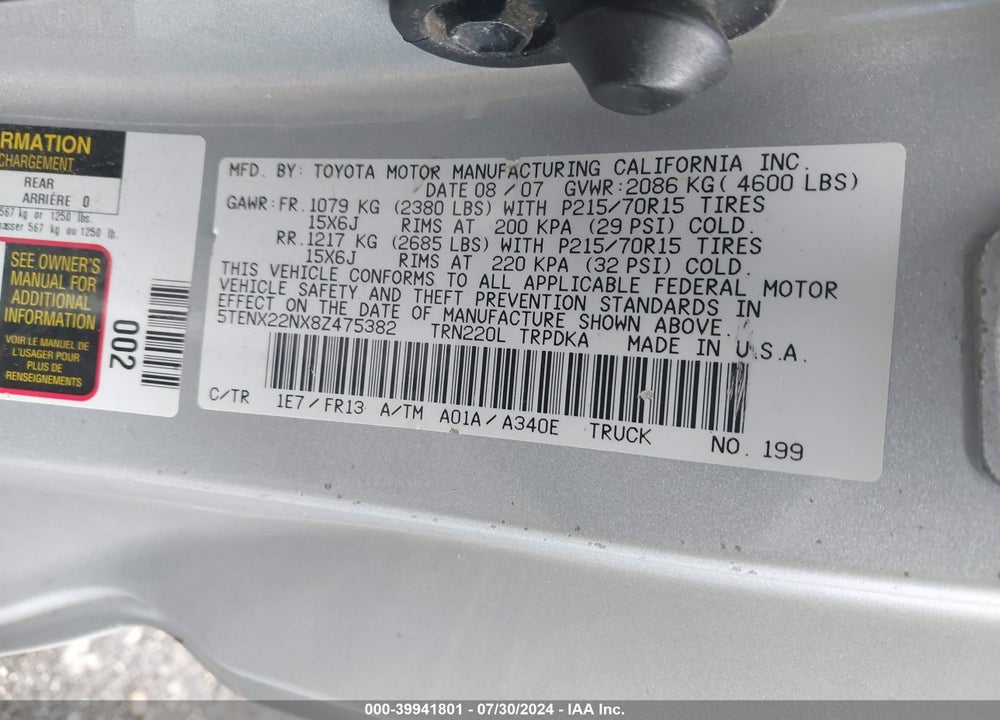 2008 TOYOTA TACOMA VIN: 5TENX22NX8Z475382