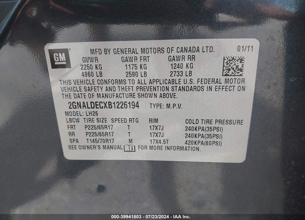 2011 CHEVROLET EQUINOX 1LT VIN: 2GNALDECXB1226194