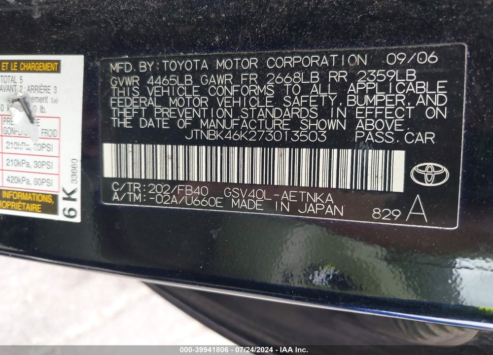 2007 TOYOTA CAMRY LE V6 VIN: JTNBK46K273013503