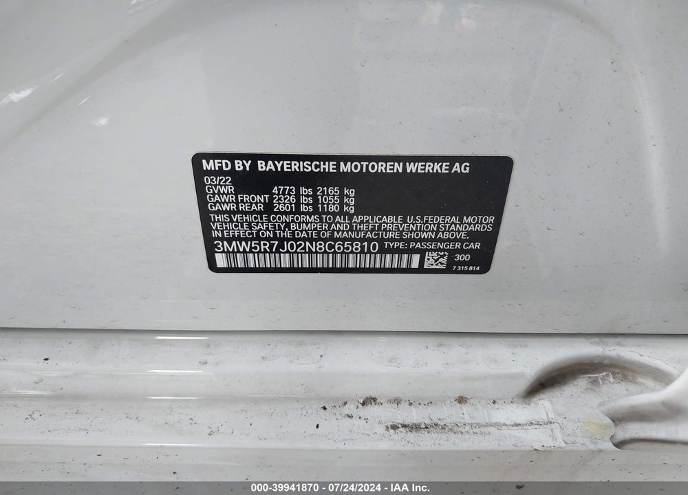 2022 BMW 330I XDRIVE VIN: 3MW5R7J02N8C65810