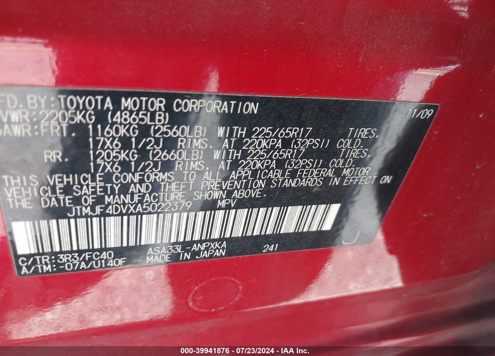 2010 TOYOTA RAV4 VIN: JTMJF4DVXA5022379
