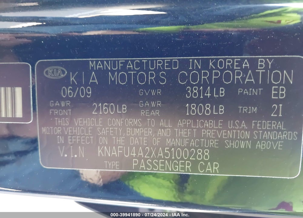 2010 KIA FORTE EX VIN: KNAFU4A2XA5100288
